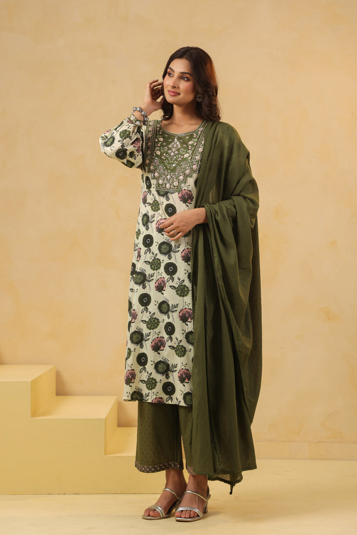 Green Cotton Embroidery  Designer Kurta Pant With Dupatta Set