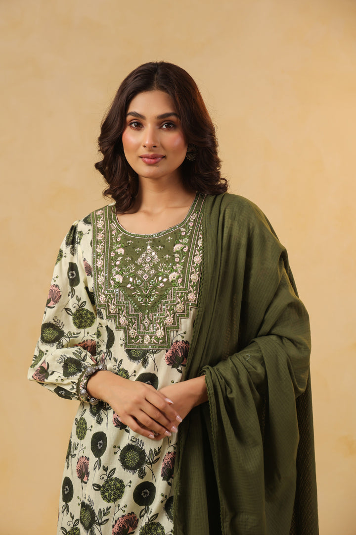 Green Cotton Embroidery  Designer Kurta Pant With Dupatta Set