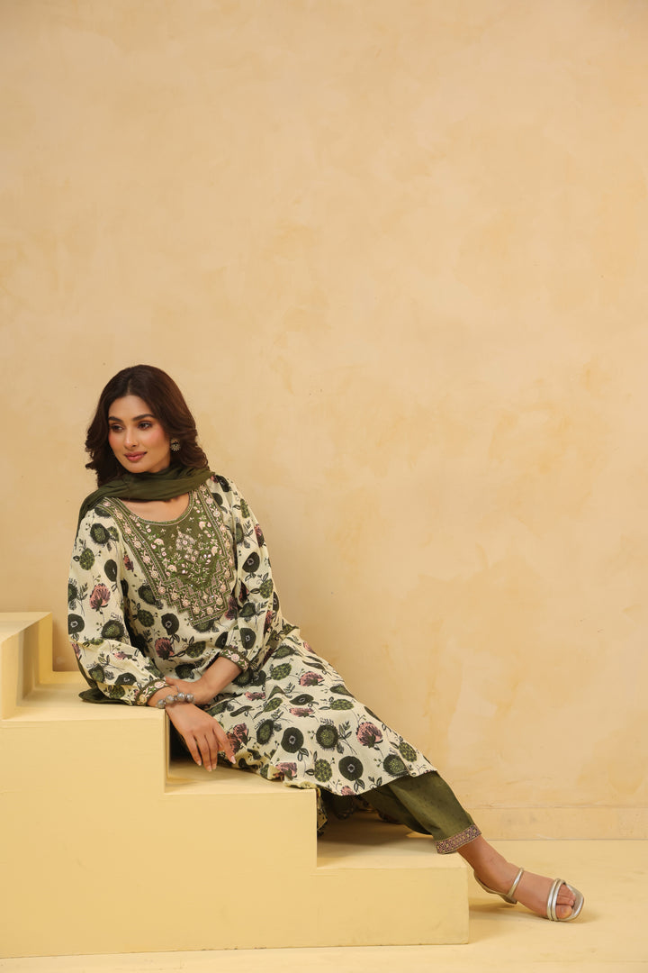 Green Cotton Embroidery  Designer Kurta Pant With Dupatta Set