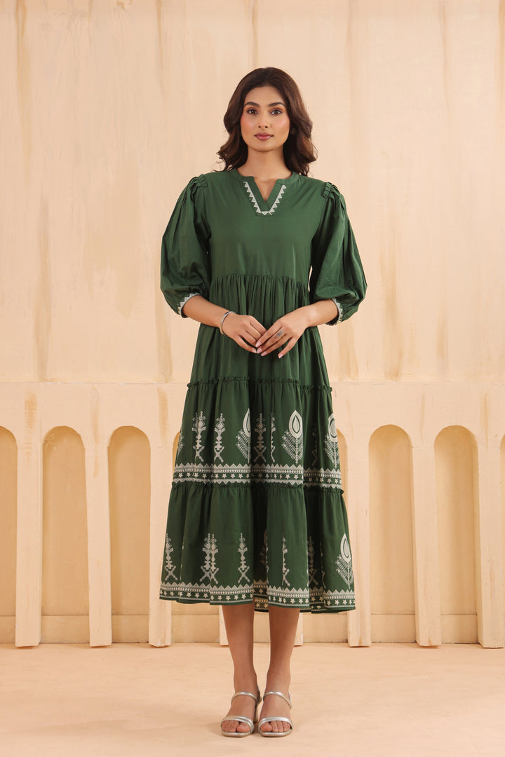Green Cotton Floral Printed Designer Dress