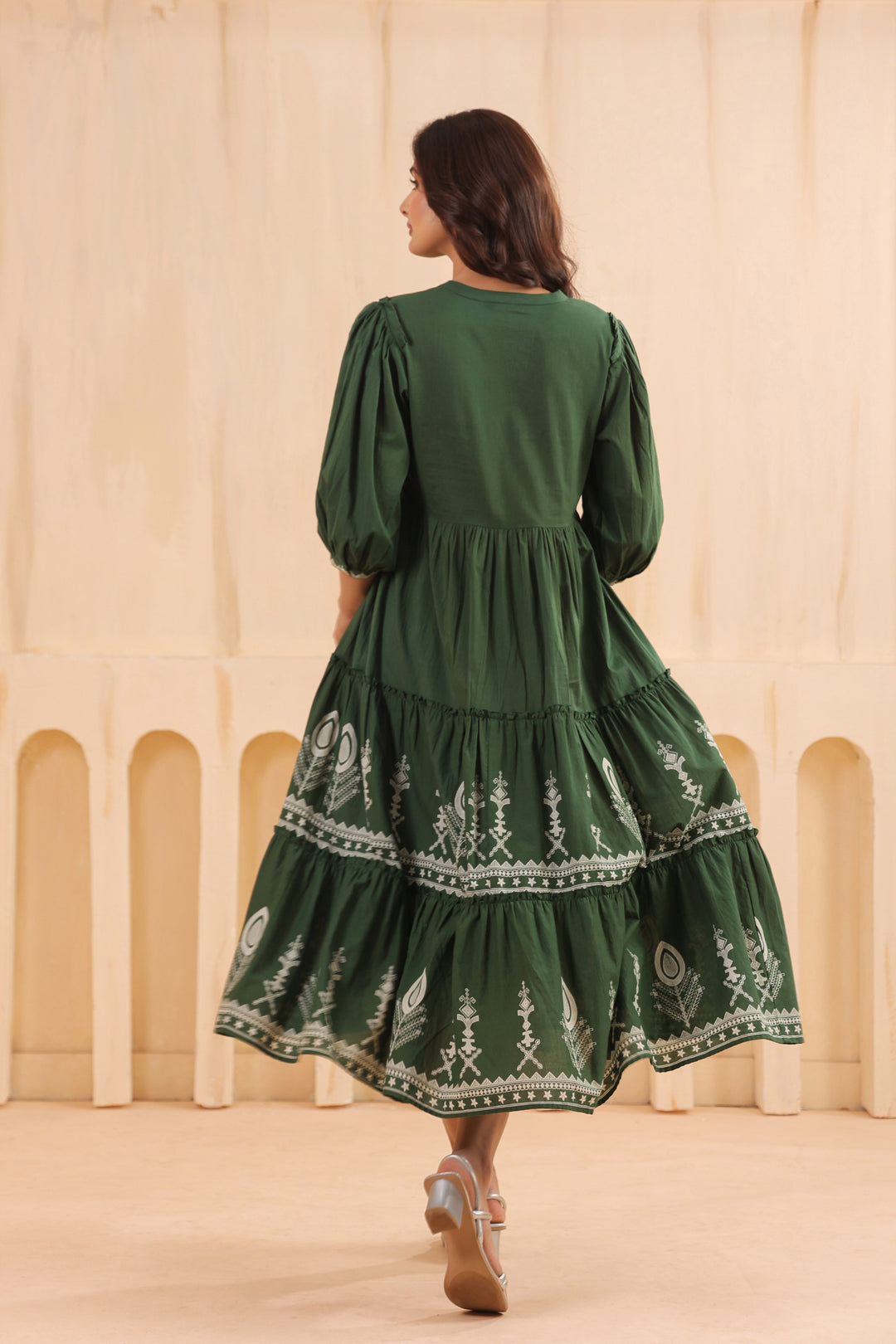 Green Cotton Floral Printed Designer Dress