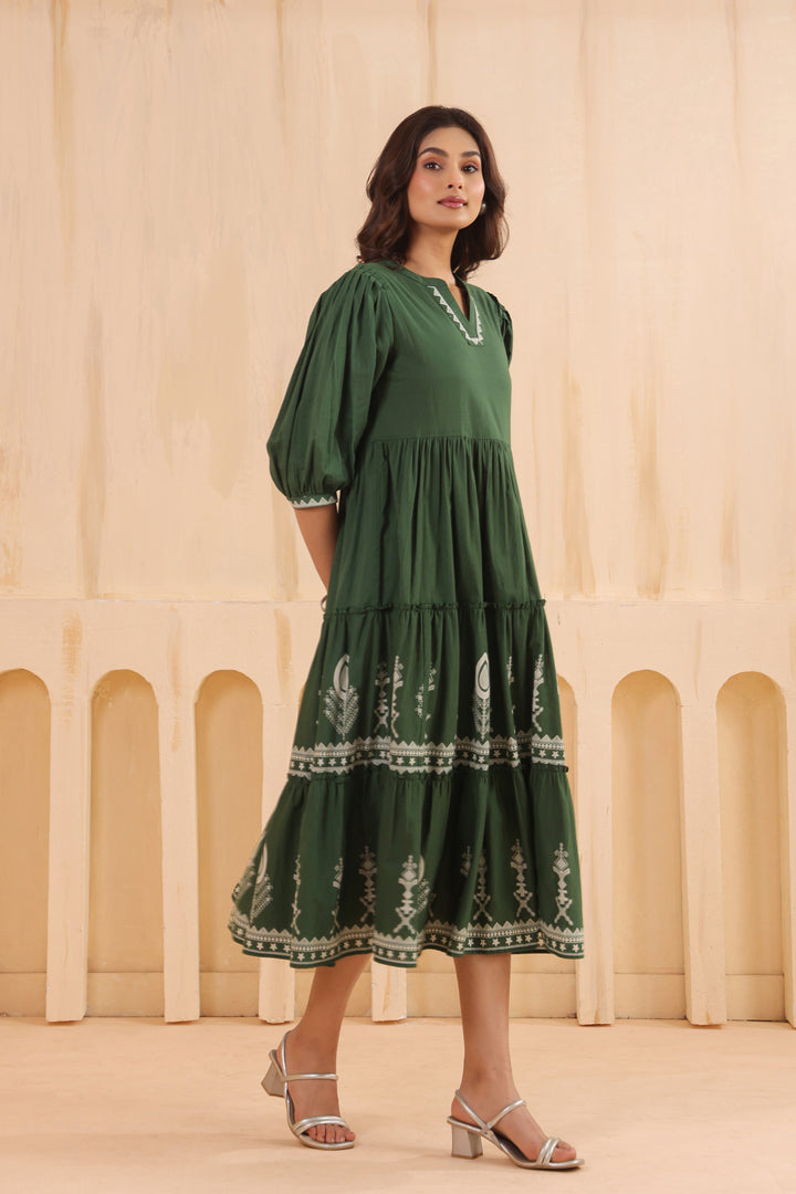 Green Cotton Floral Printed Designer Dress