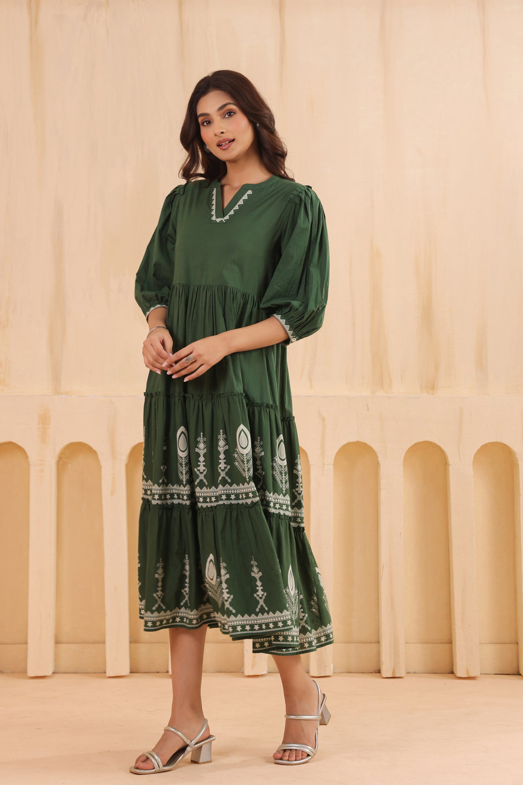 Green Cotton Floral Printed Designer Dress