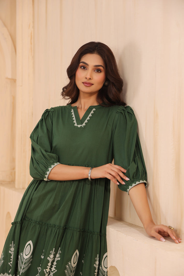 Green Cotton Floral Printed Designer Dress