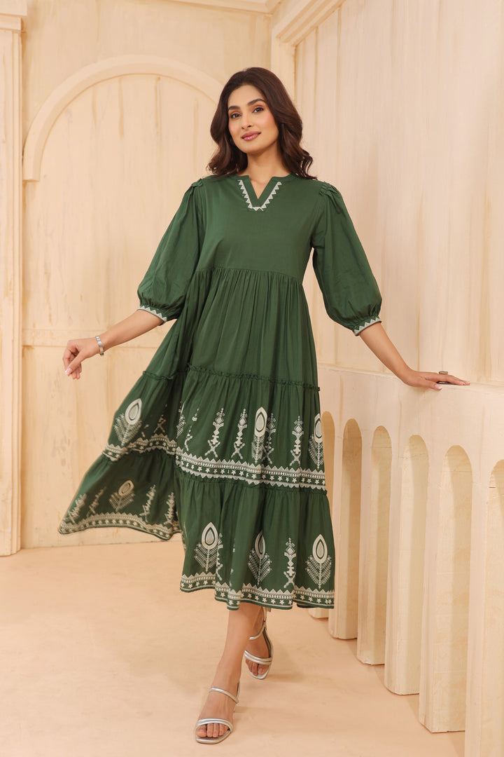 Green Cotton Floral Printed Designer Dress