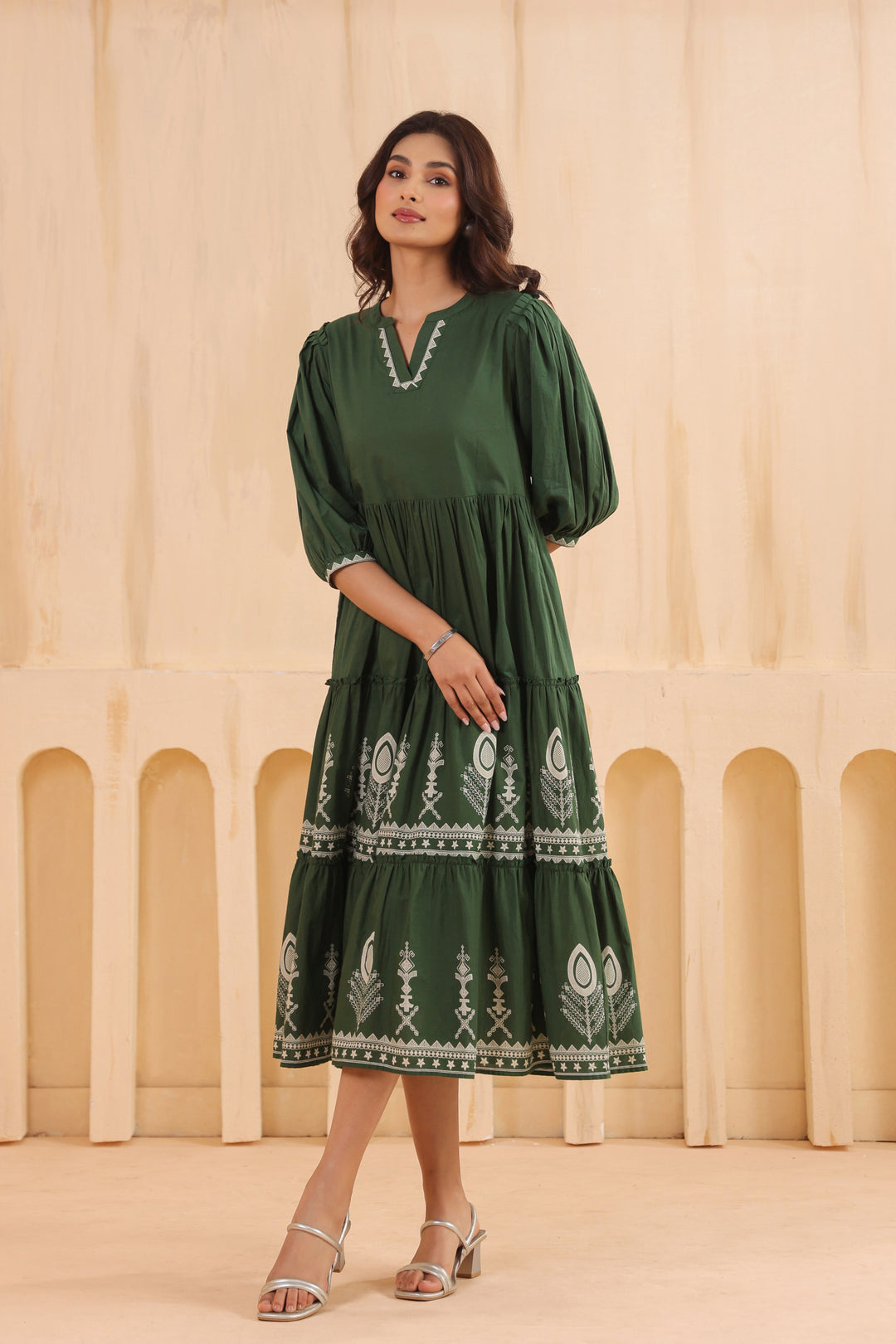 Green Cotton Floral Printed Designer Dress