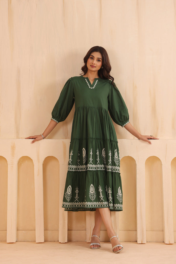Green Cotton Floral Printed Designer Dress