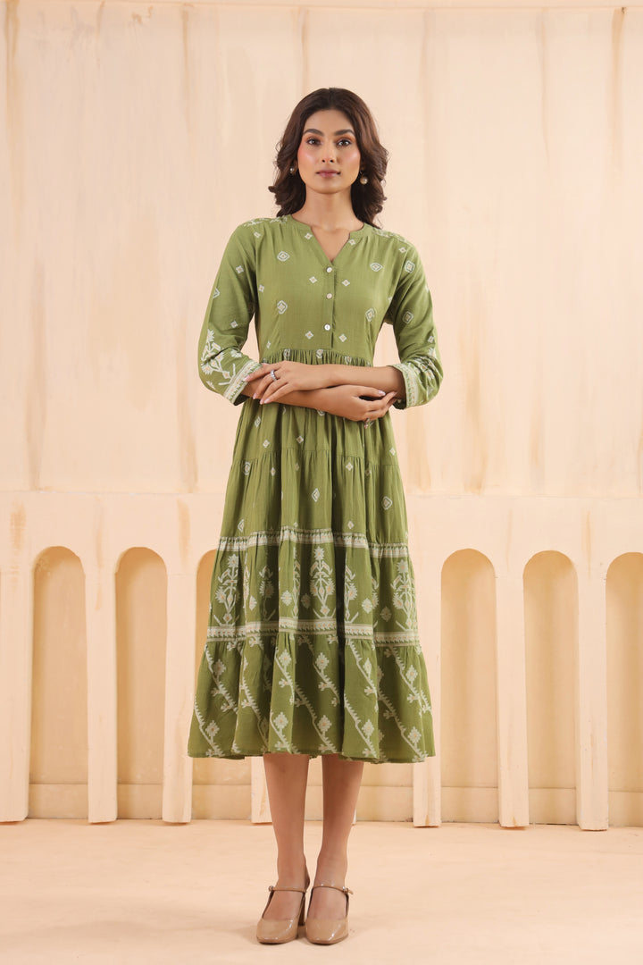Green Cotton Slub Printed Flared Dress