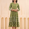 Green Cotton Slub Printed Flared Dress