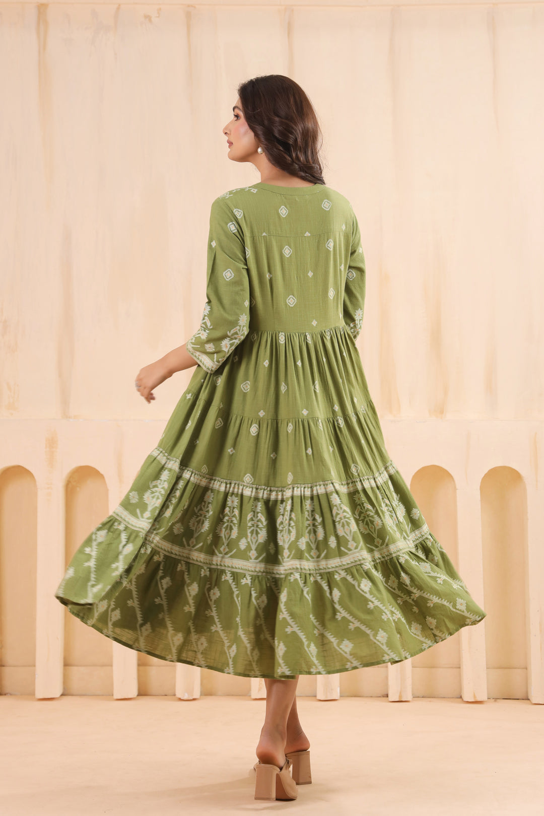 Green Cotton Slub Printed Flared Dress
