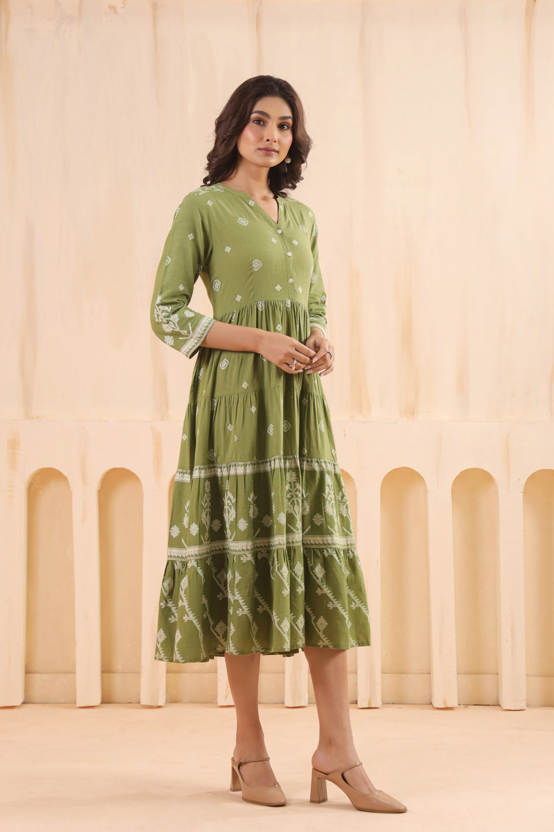 Green Cotton Slub Printed Flared Dress