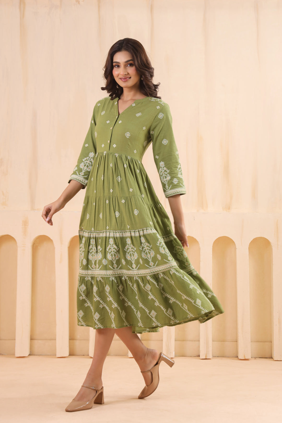 Green Cotton Slub Printed Flared Dress