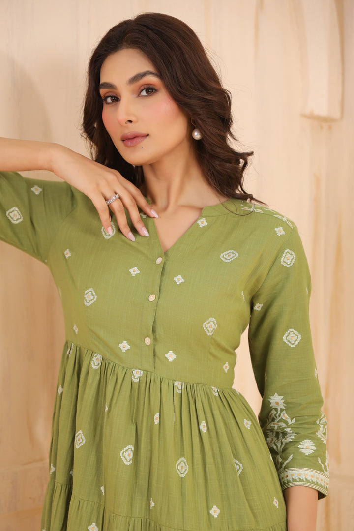 Green Cotton Slub Printed Flared Dress