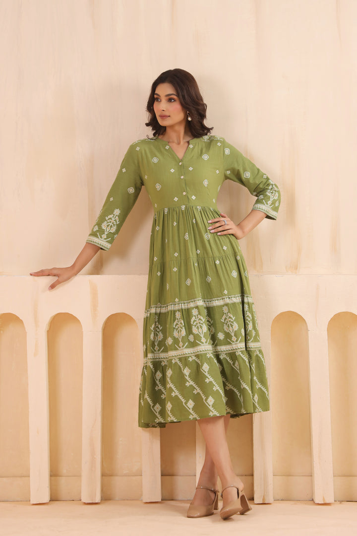 Green Cotton Slub Printed Flared Dress