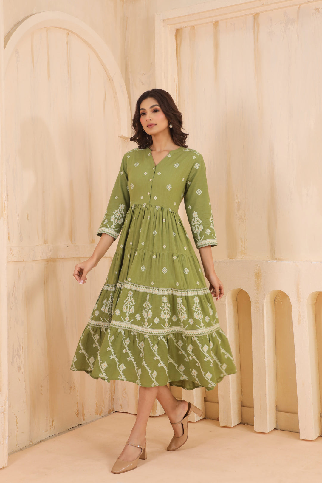 Green Cotton Slub Printed Flared Dress
