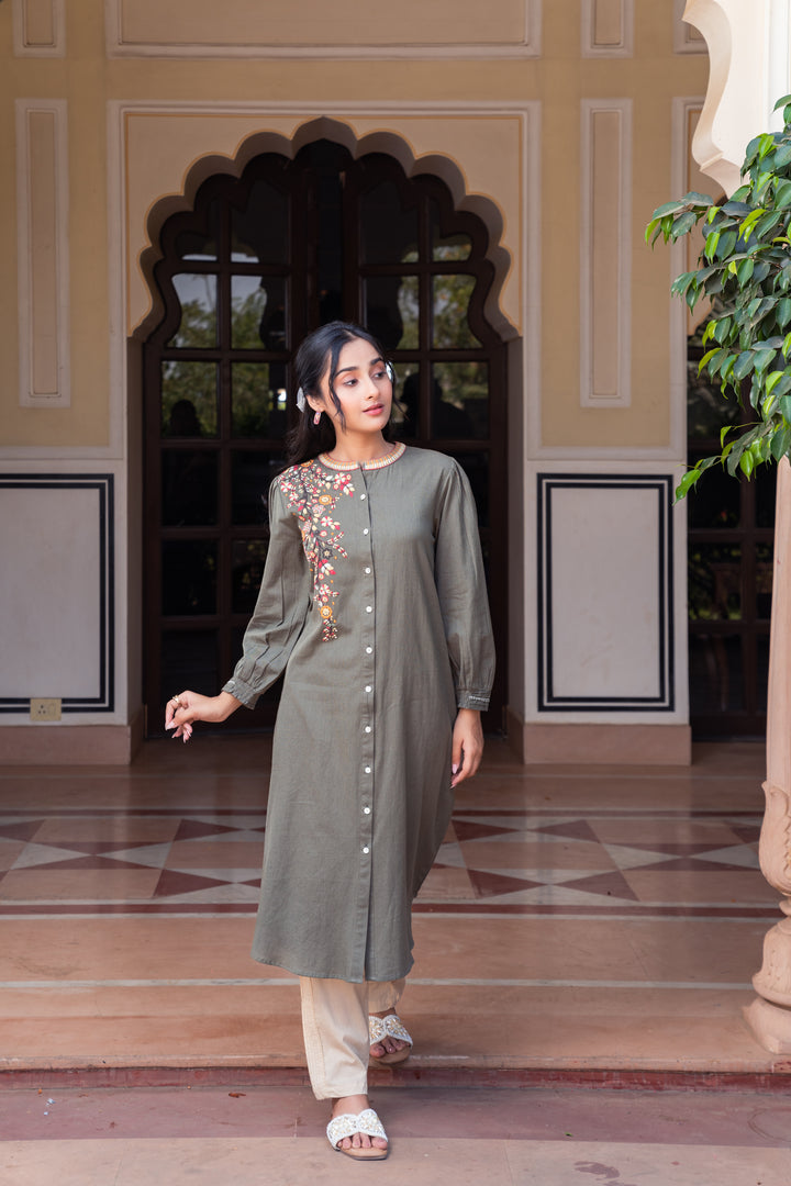 Cotton Green Embroidered A-line Kurta