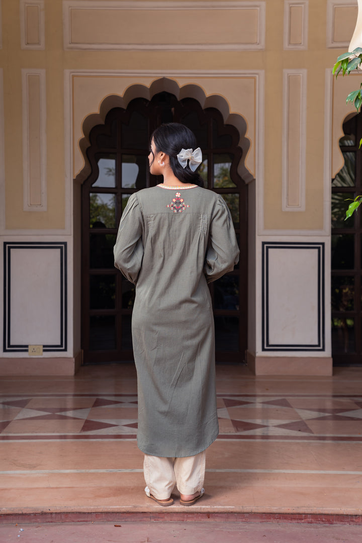 Cotton Green Embroidered A-line Kurta