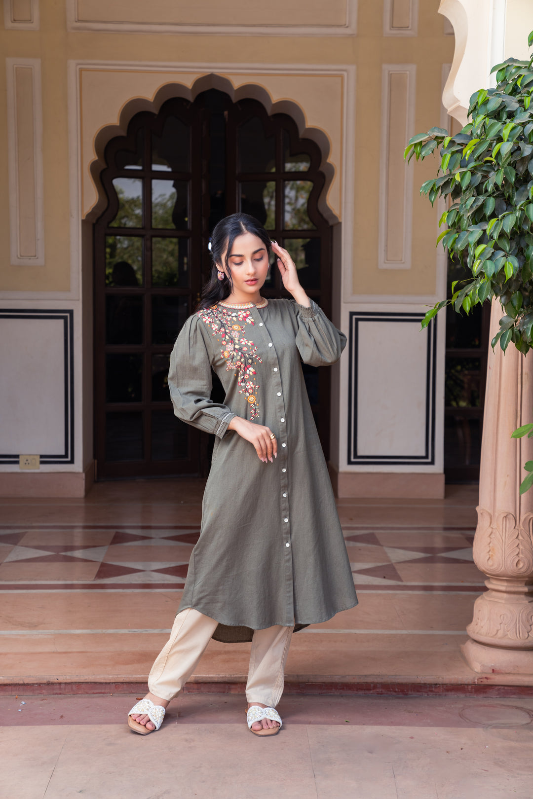 Cotton Green Embroidered A-line Kurta