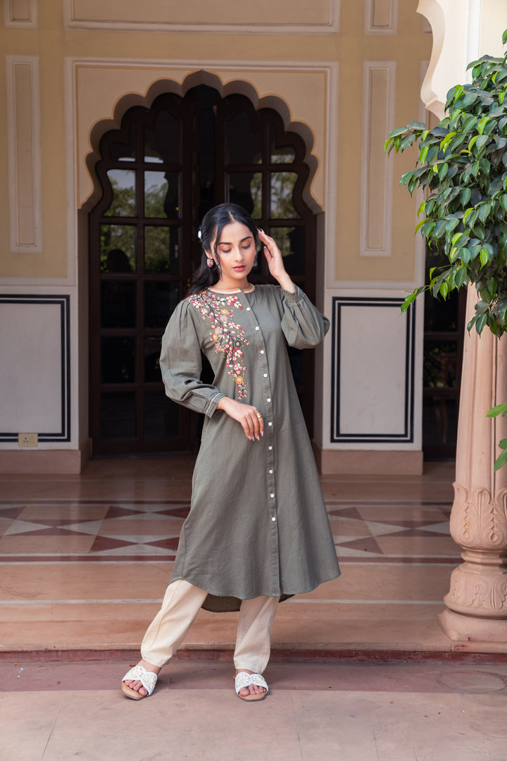 Cotton Green Embroidered A-line Kurta