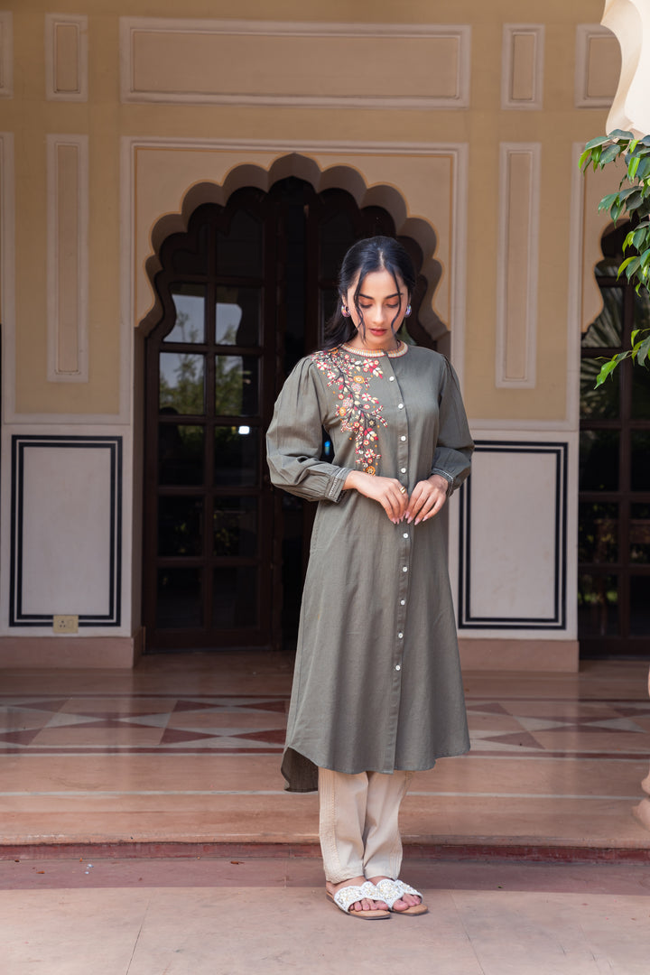 Cotton Green Embroidered A-line Kurta