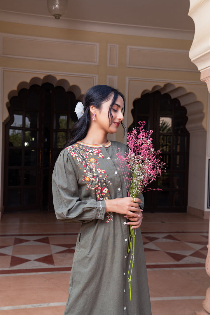 Cotton Green Embroidered A-line Kurta