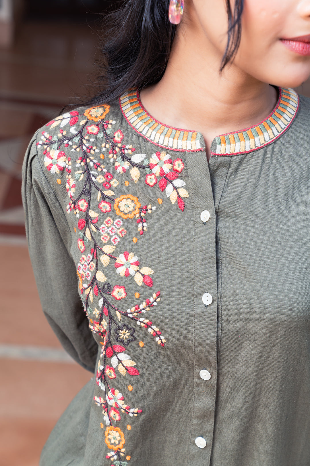 Cotton Green Embroidered A-line Kurta