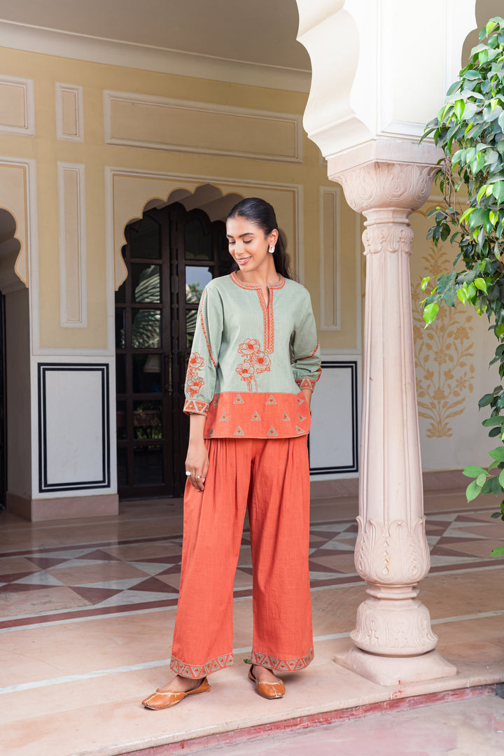 Green & Rust Cotton Embroidered Designer Co-Ord Set