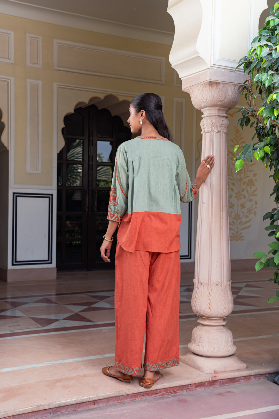 Green & Rust Cotton Embroidered Designer Co-Ord Set
