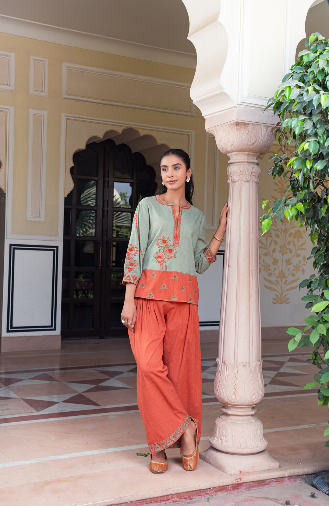 Green & Rust Cotton Embroidered Designer Co-Ord Set