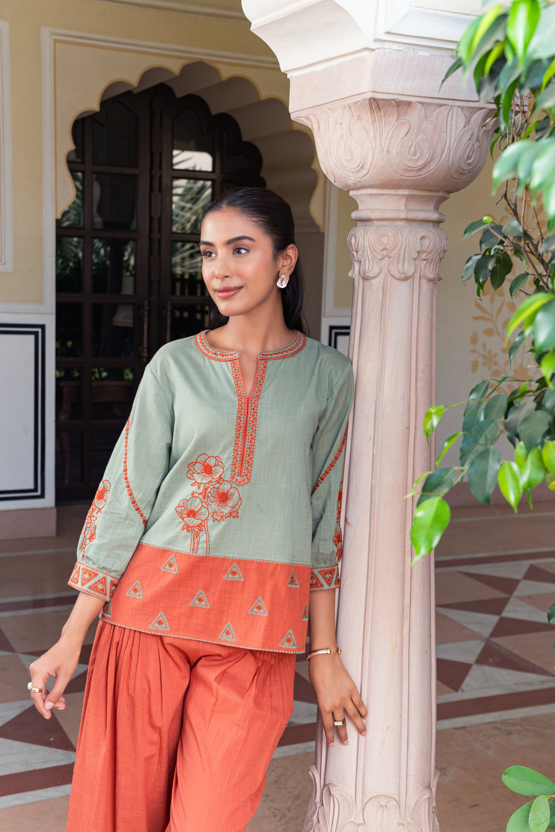 Green & Rust Cotton Embroidered Designer Co-Ord Set