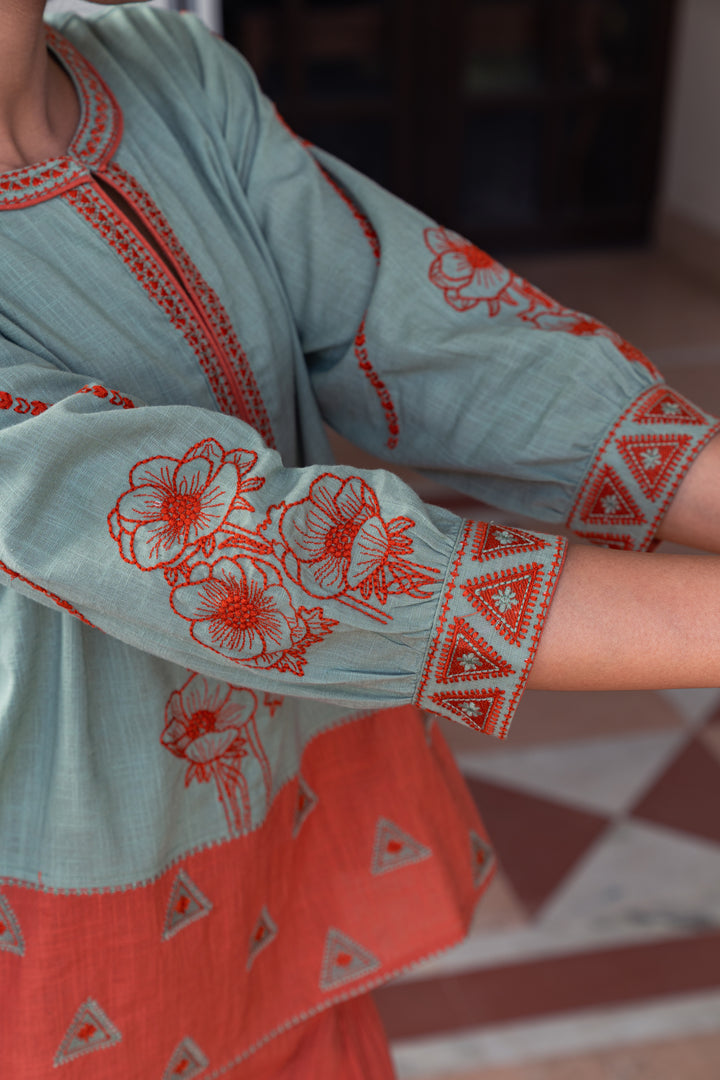 Green & Rust Cotton Embroidered Designer Co-Ord Set