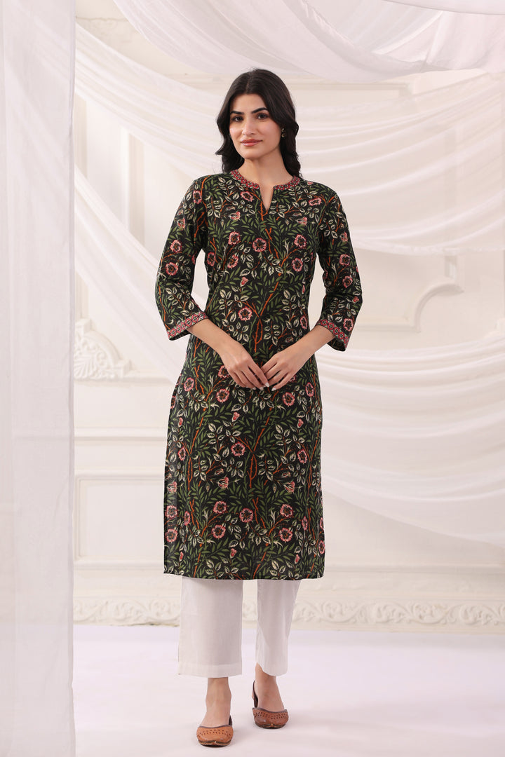 Green Cotton Floral Print Straight Kurta
