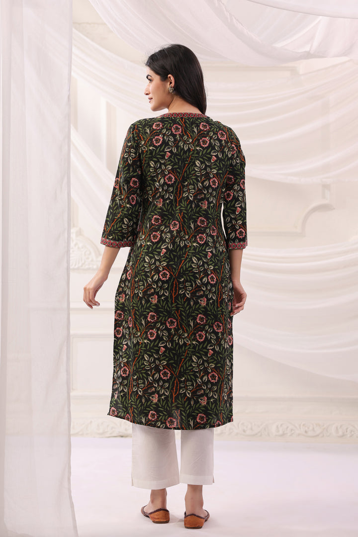 Green Cotton Floral Print Straight Kurta