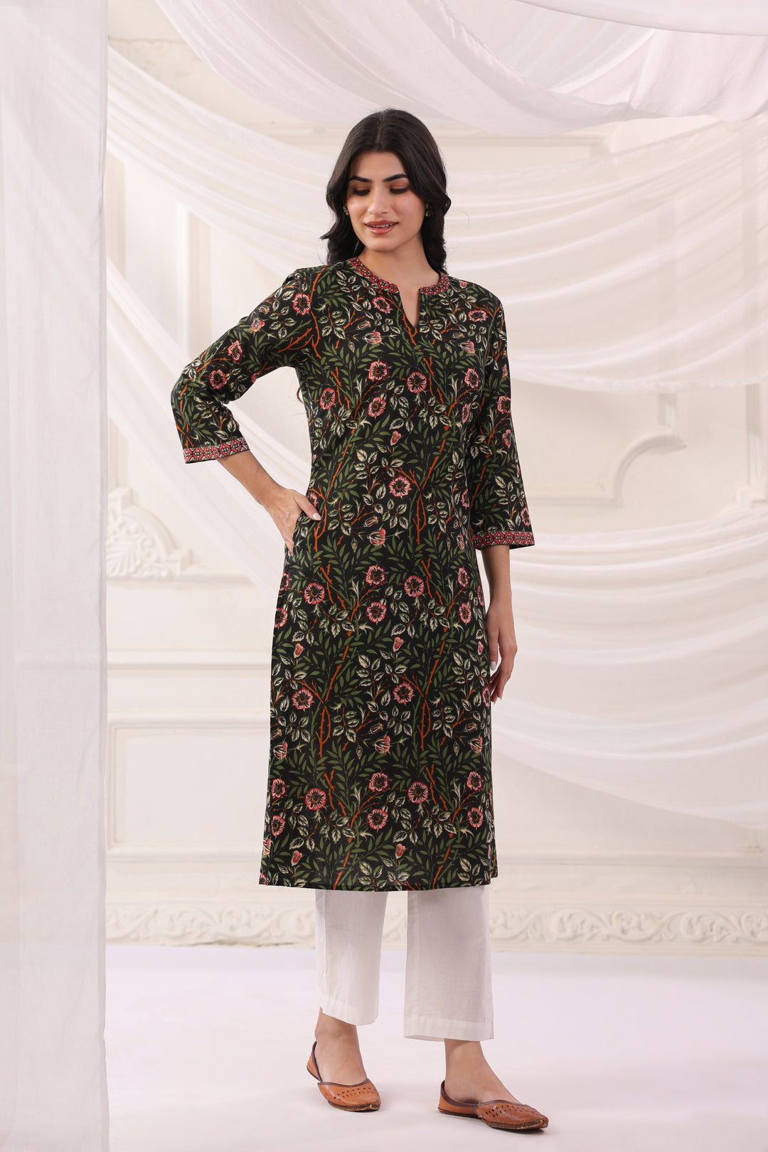 Green Cotton Floral Print Straight Kurta