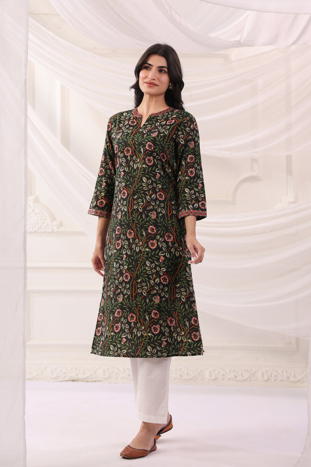Green Cotton Floral Print Straight Kurta