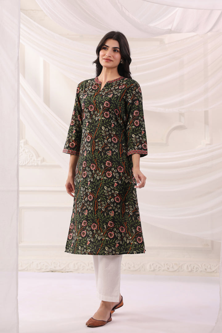 Green Cotton Floral Print Straight Kurta