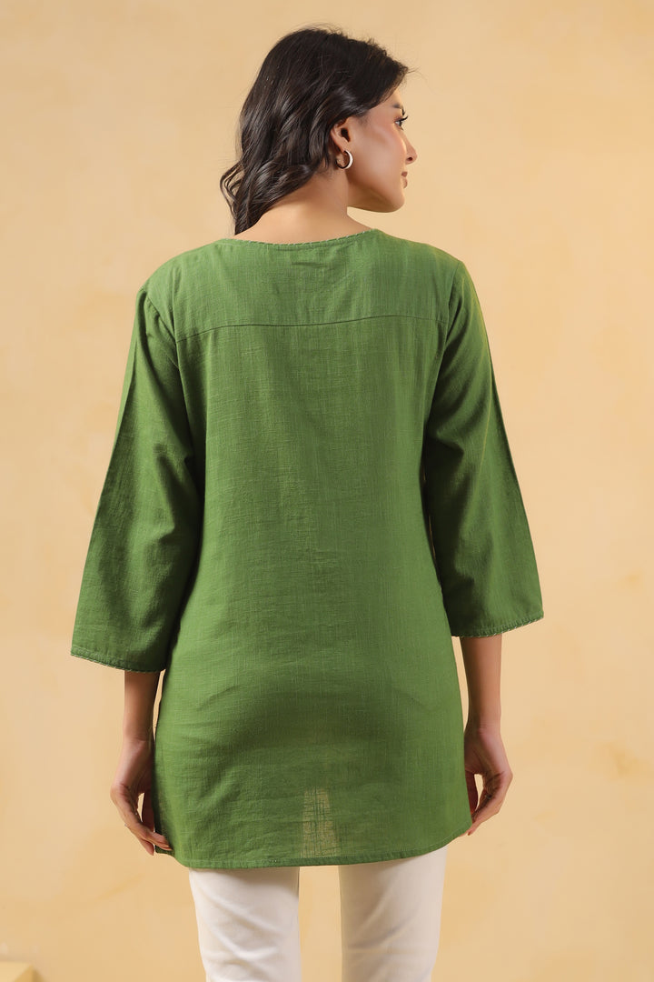 Green Cotton Embroidered Designer Top