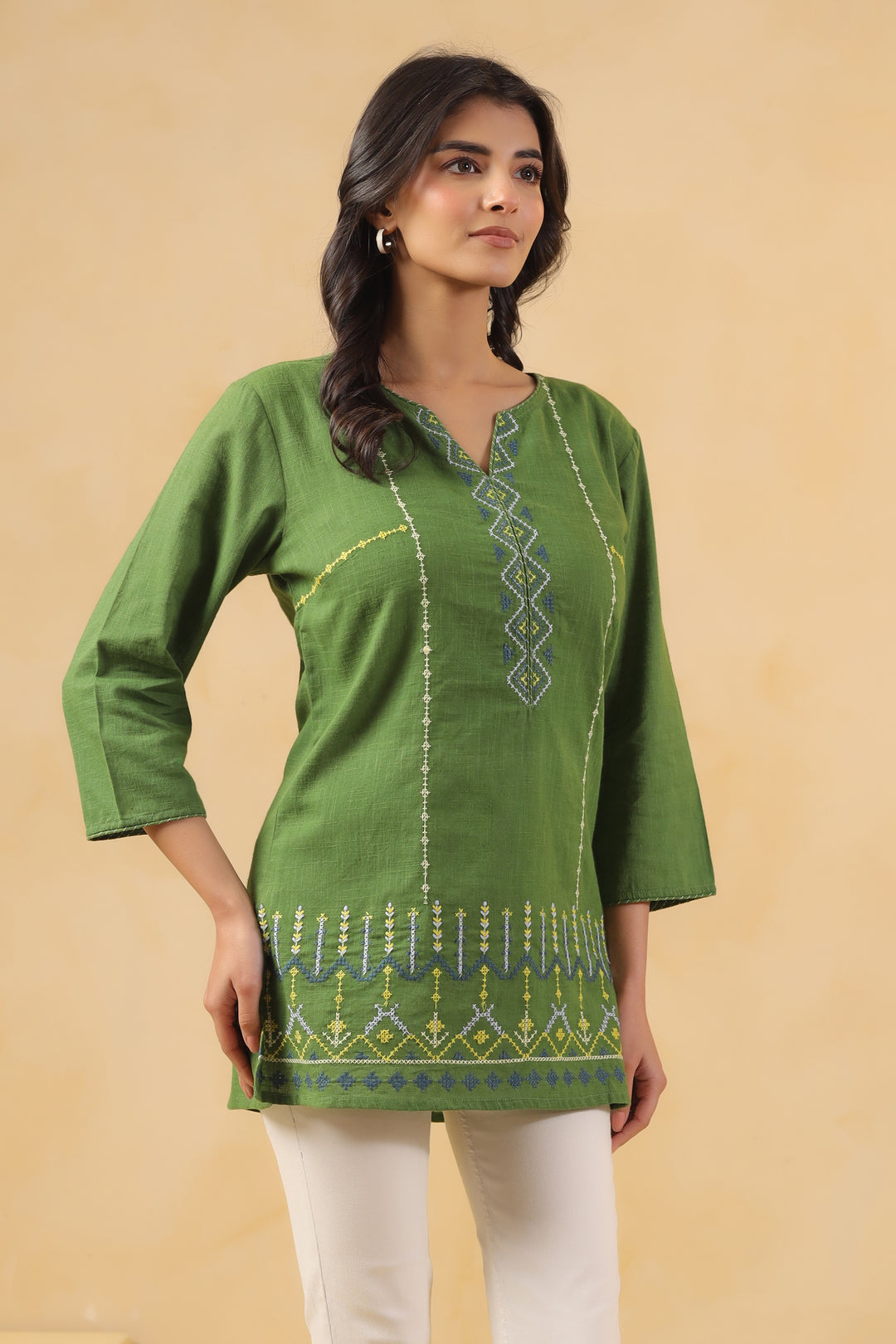 Green Cotton Embroidered Designer Top