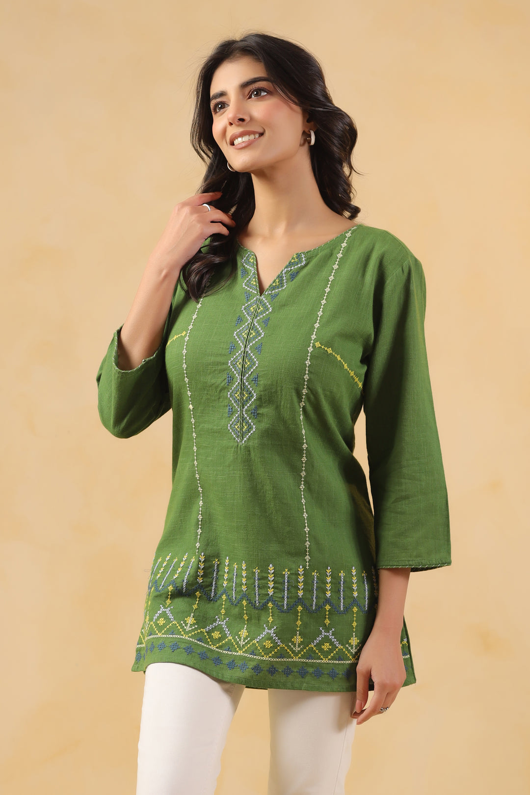 Green Cotton Embroidered Designer Top