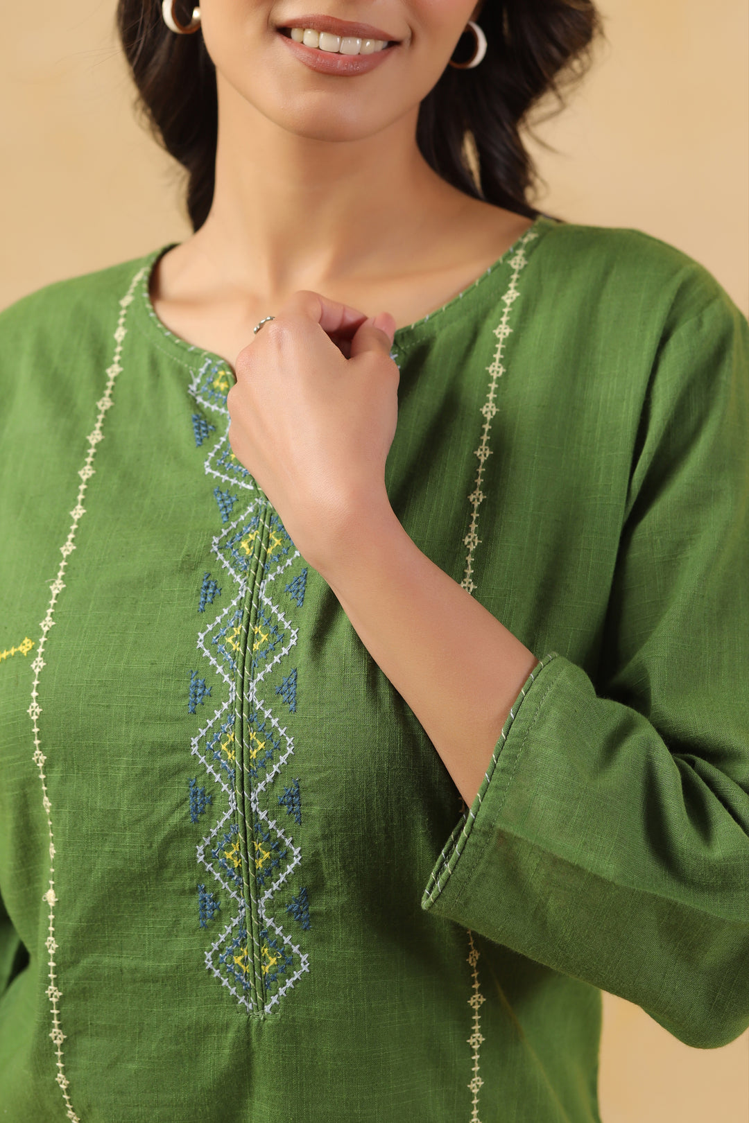 Green Cotton Embroidered Designer Top