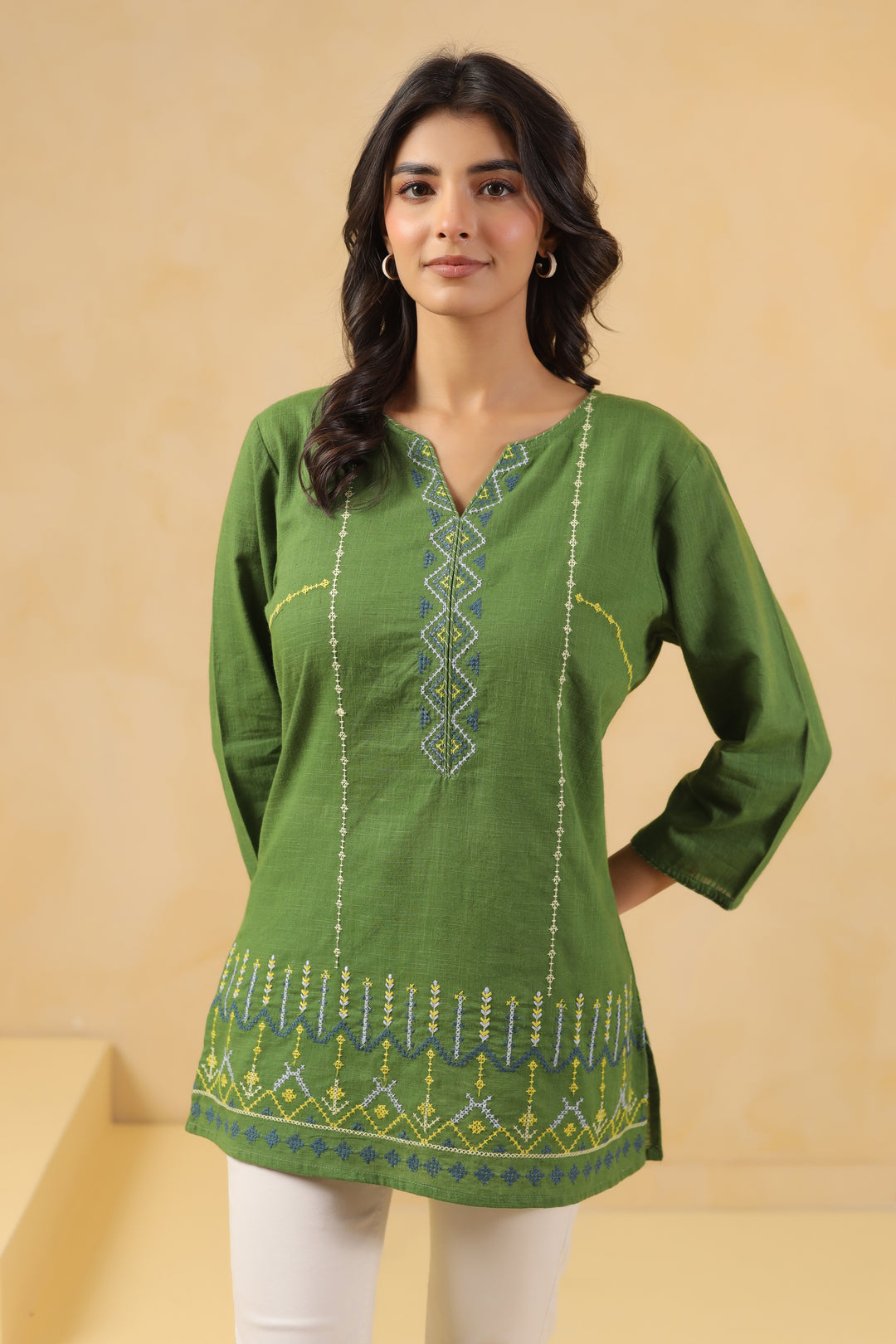 Green Cotton Embroidered Designer Top