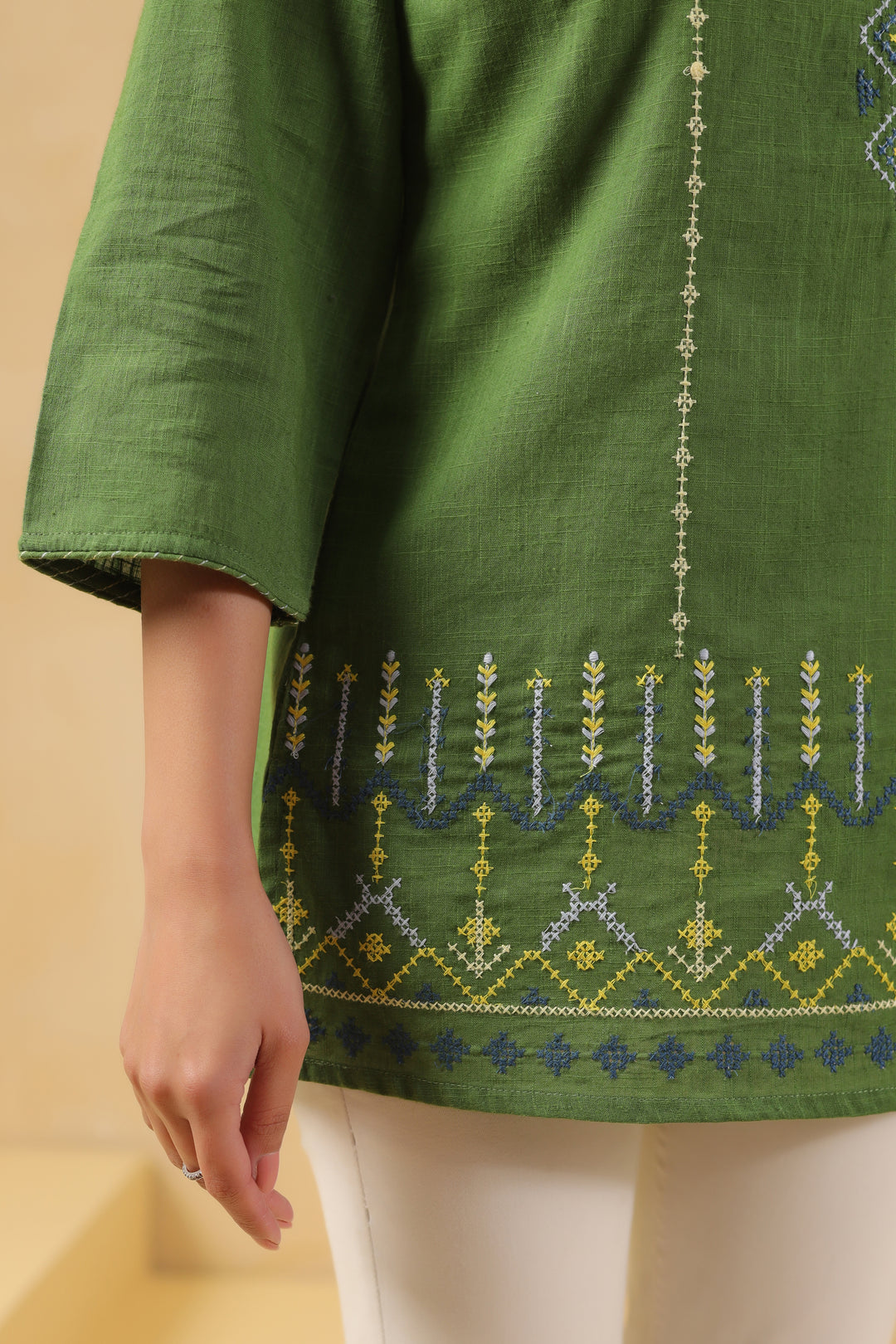 Green Cotton Embroidered Designer Top