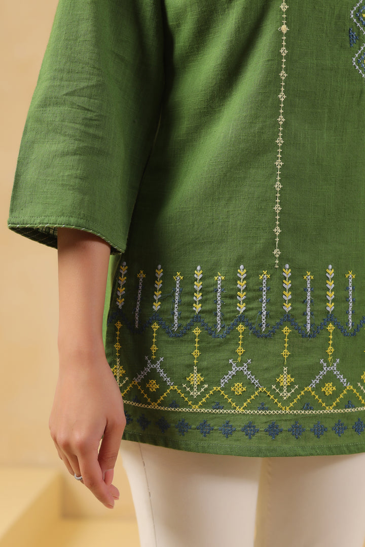 Green Cotton Embroidered Designer Top