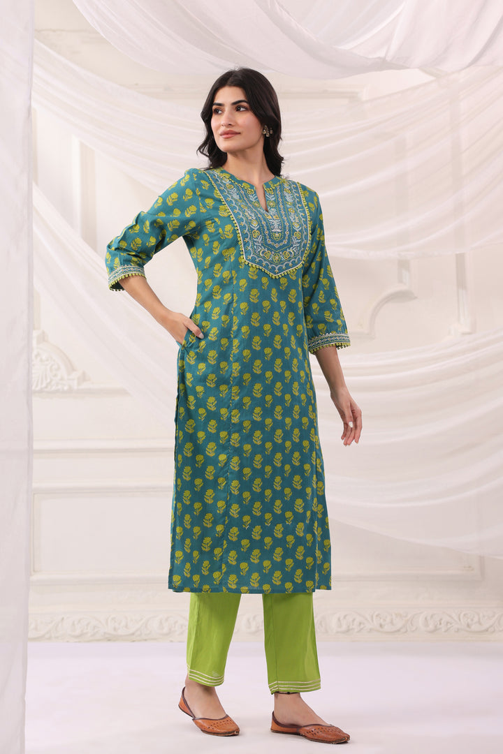 Green Cotton Embroidery Designer Kurta Pant Set