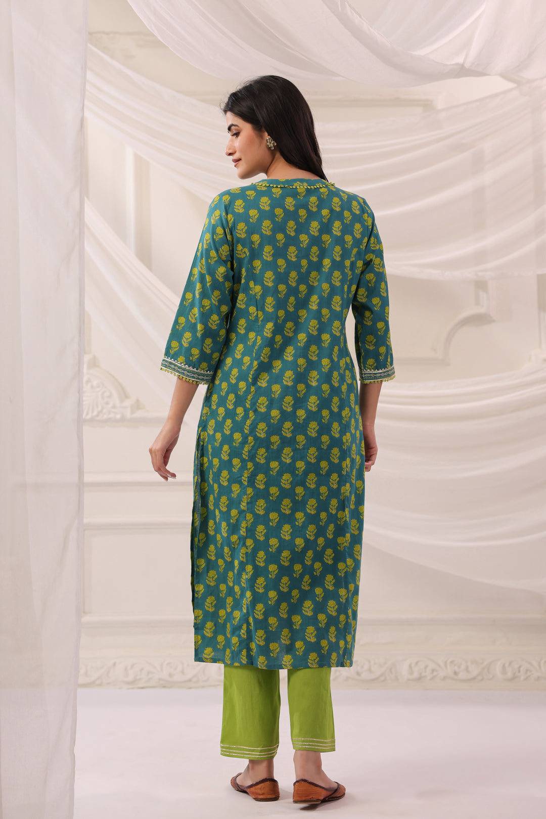 Green Cotton Embroidery Designer Kurta Pant Set