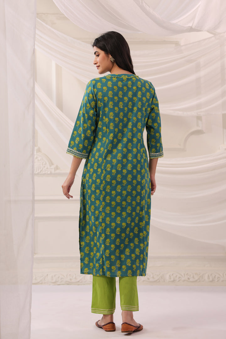 Green Cotton Embroidery Designer Kurta Pant Set
