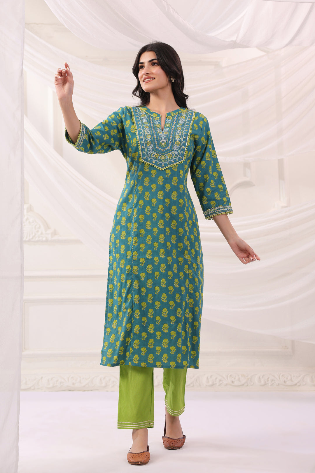 Green Cotton Embroidery Designer Kurta Pant Set