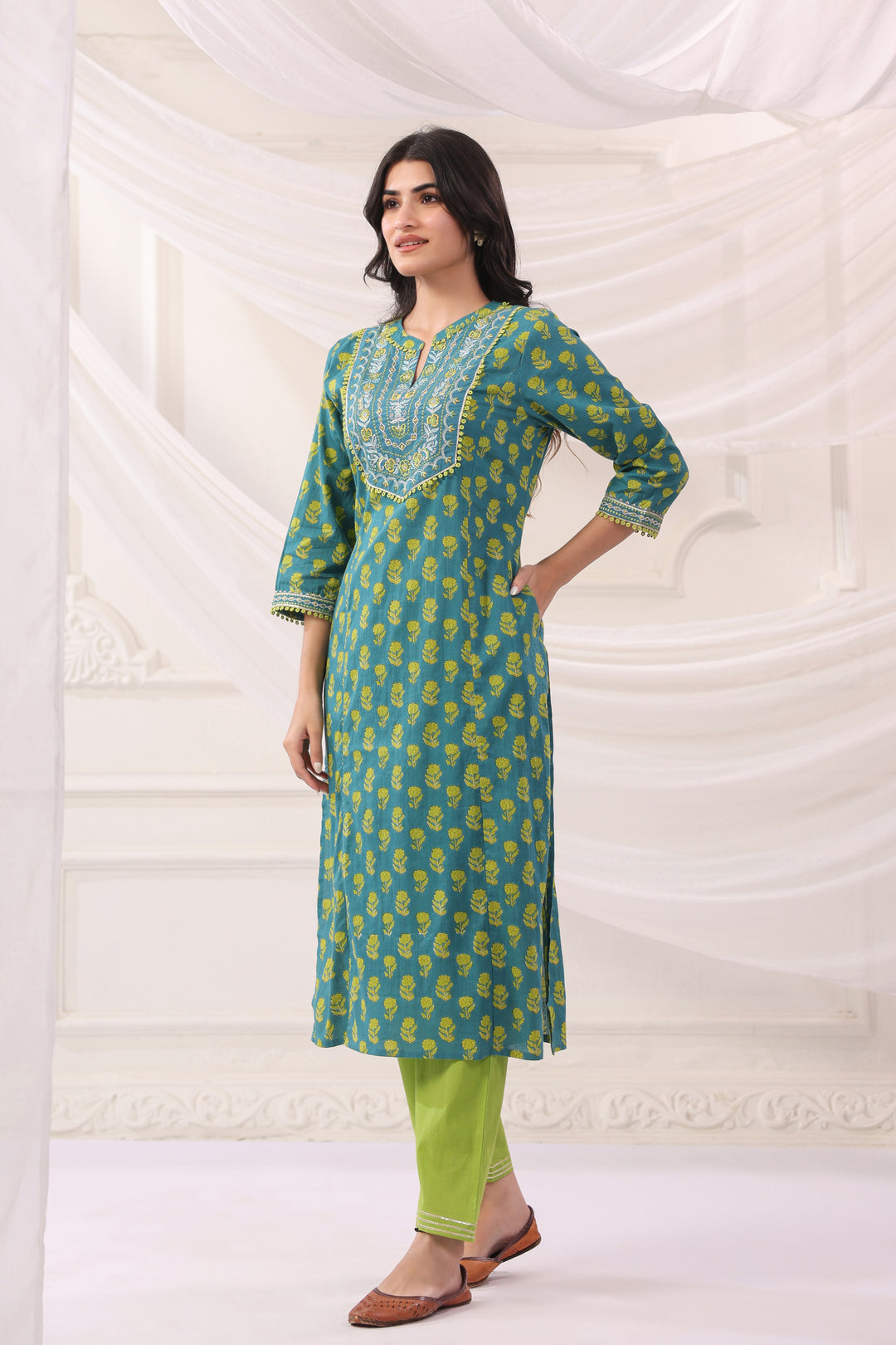 Green Cotton Embroidery Designer Kurta Pant Set