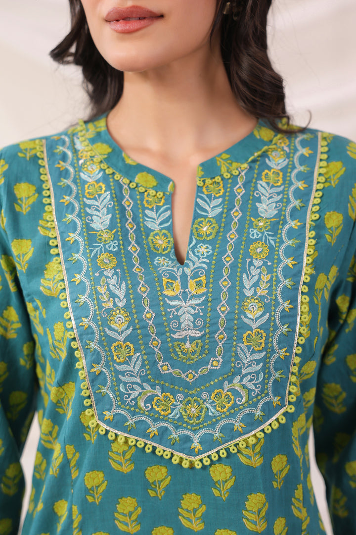 Green Cotton Embroidery Designer Kurta Pant Set