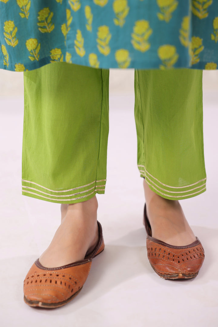 Green Cotton Embroidery Designer Kurta Pant Set